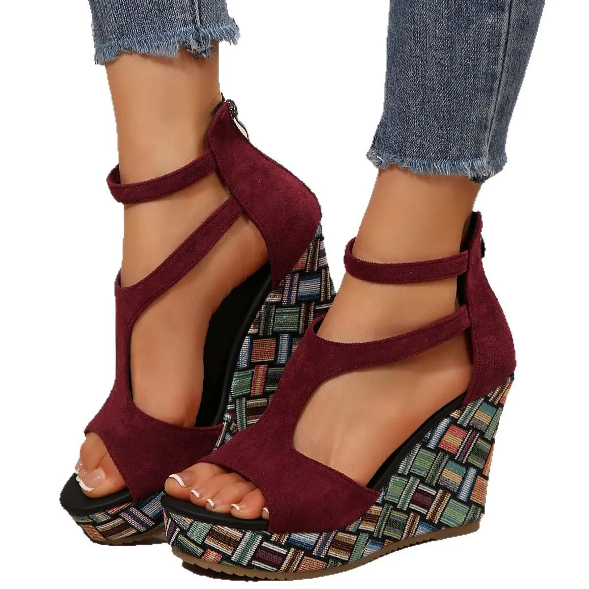 Women's thick-soled ankle-strap buckle sandals with cloth upper and hemp/rubber sole