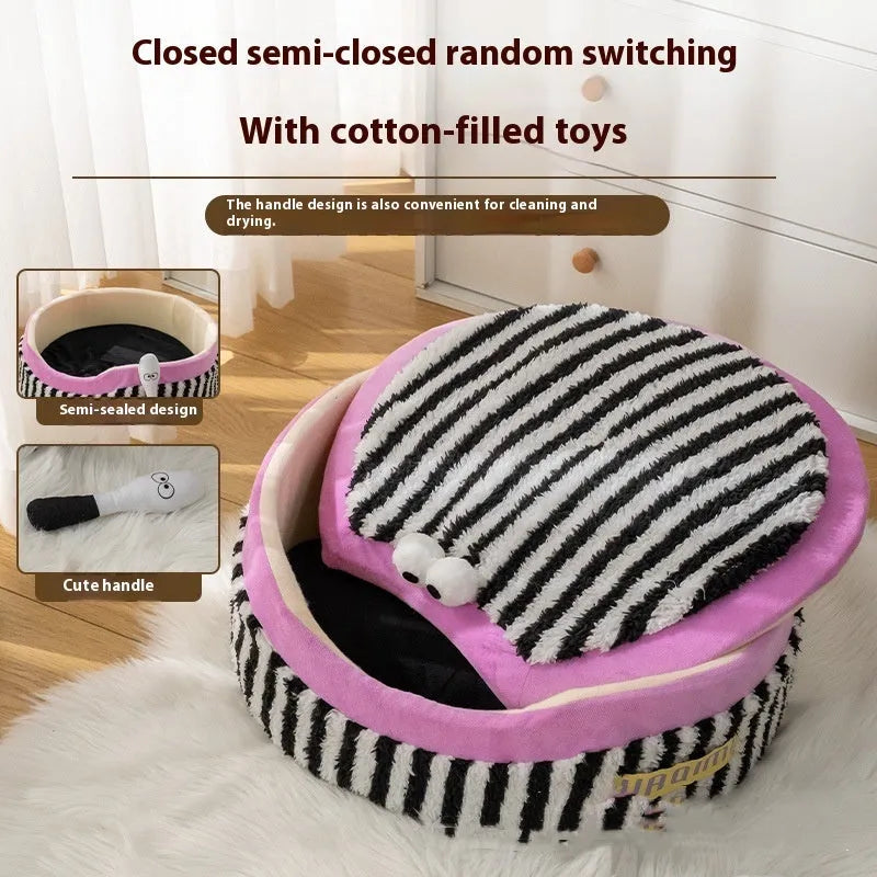 Striped three-piece pet kennel set showing sofa, big mouth, and teacup nest designs