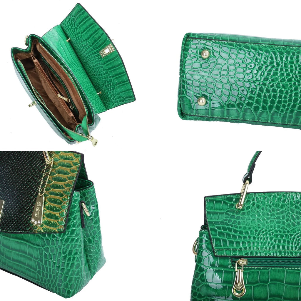 Women's retro handbag with colourful crocodile and snake pattern, double shoulder straps, and horizontal square shape
