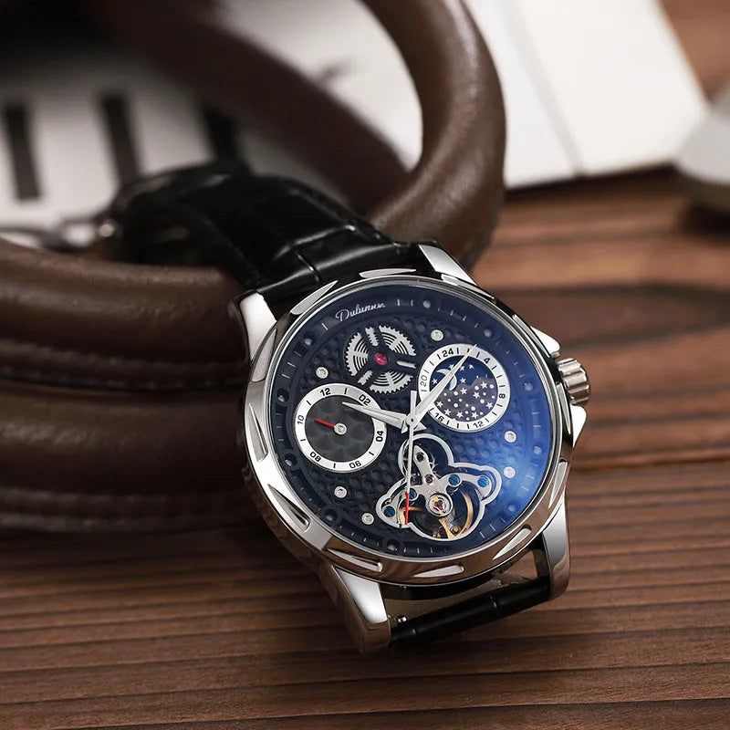 Men's automatic waterproof watch with luminous hands on a stainless steel bracelet.