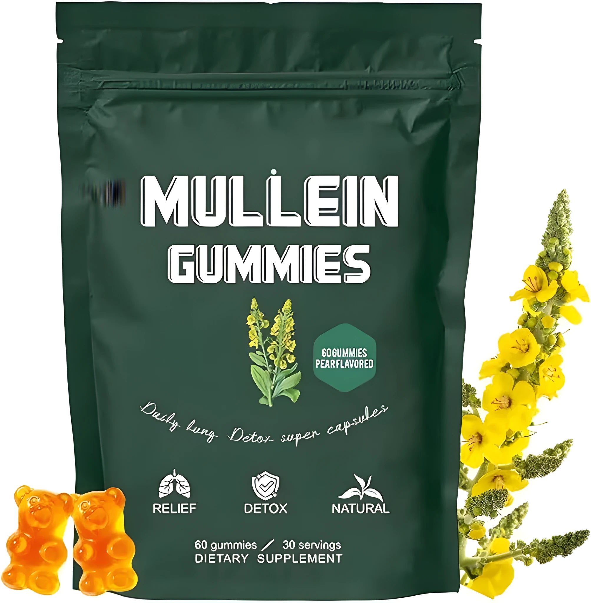 Bottle of Mullein 50:1 extract pear-flavoured vegan pectin gummies, 60 count