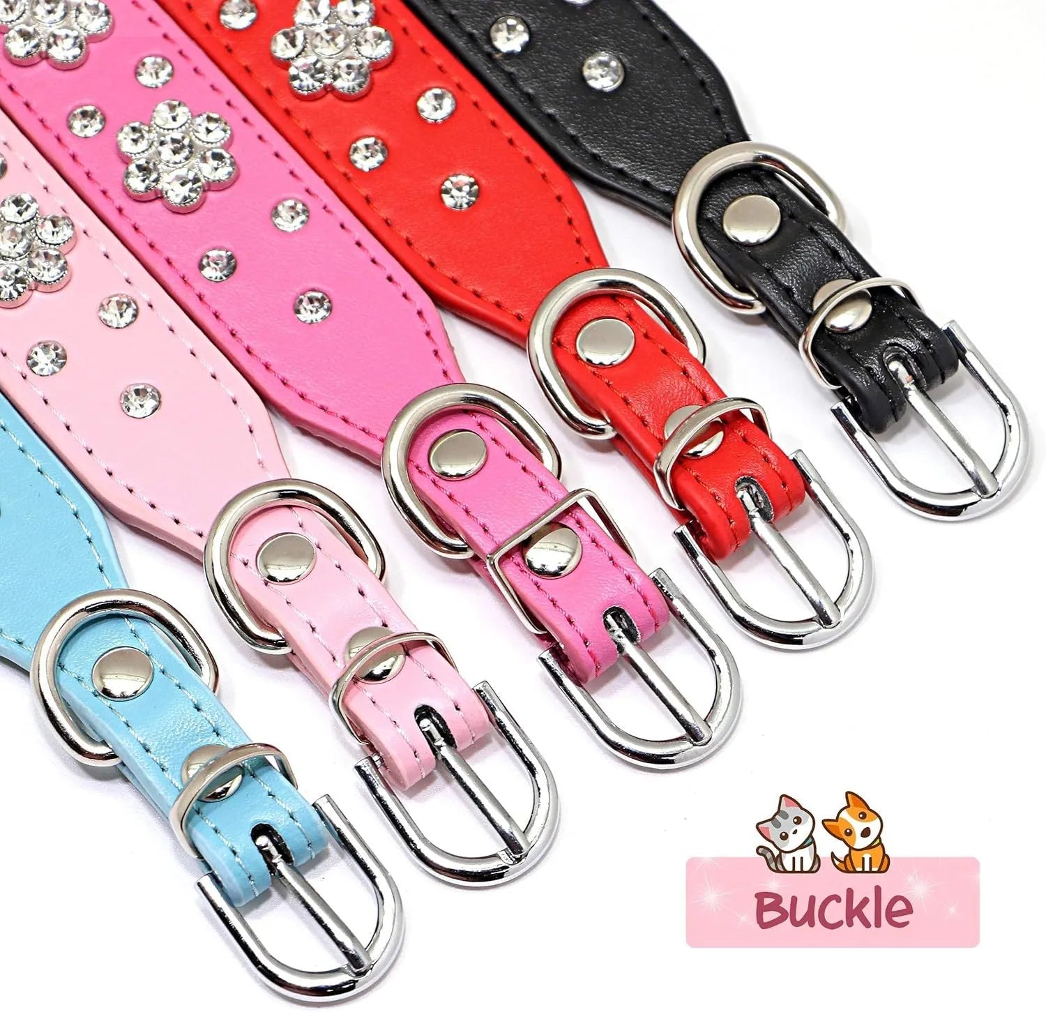 A decorative black PU leather dog collar with a sparkling rhinestone flower pattern and silver metal studs, shown adjusted with a metal D-ring.