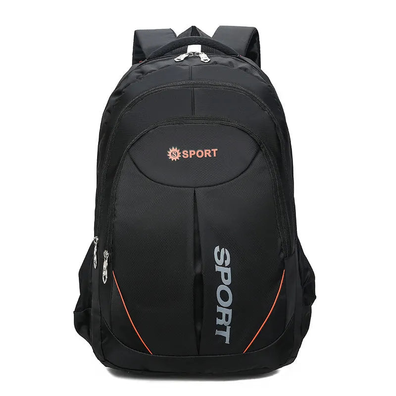 Large capacity men's backpack in black colour with curved shoulder straps and letter detailing