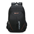 Large capacity men's backpack in black colour with curved shoulder straps and letter detailing