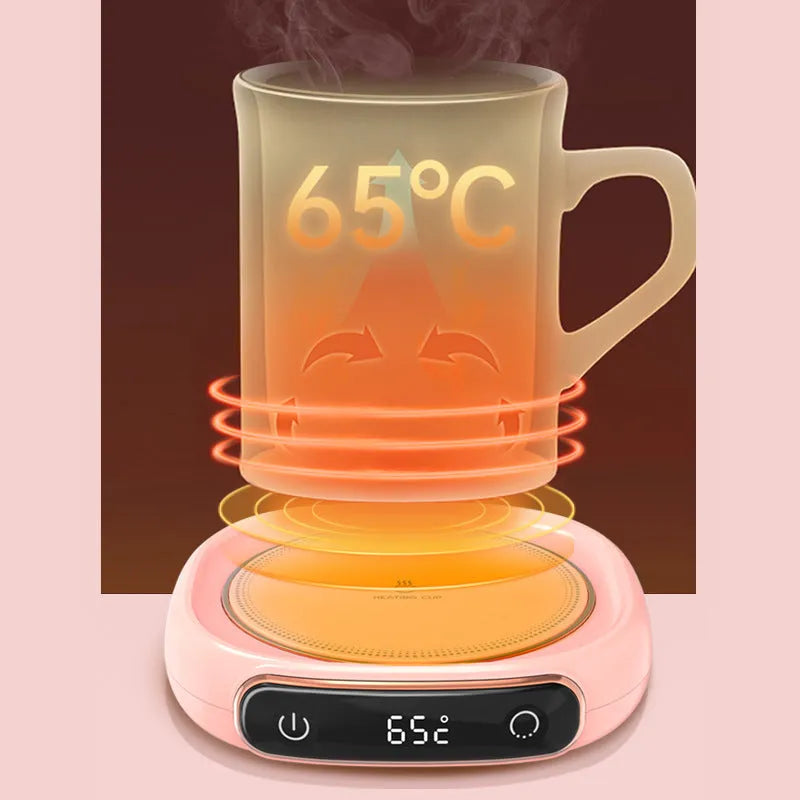 USB-powered white coffee mug warmer plate on desk keeping drink warm