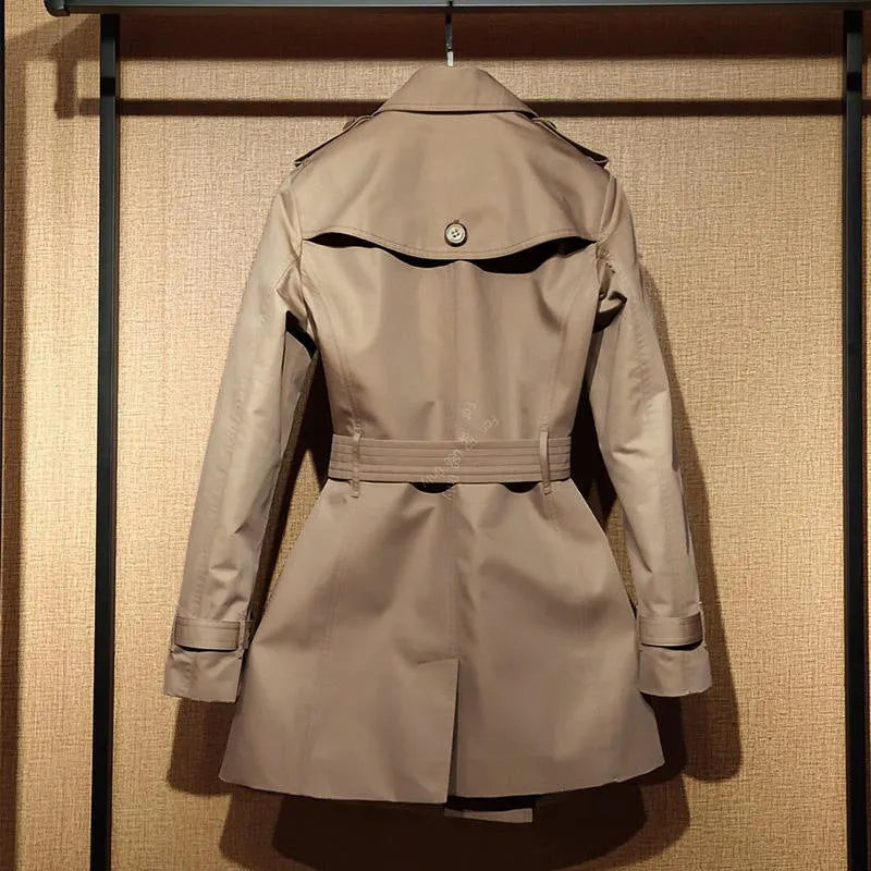 Women's khaki trench coat with double-breasted buttons and flight sleeves