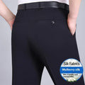 Men's straight cut mulberry silk blend business trousers in dark blue colour with high waist design