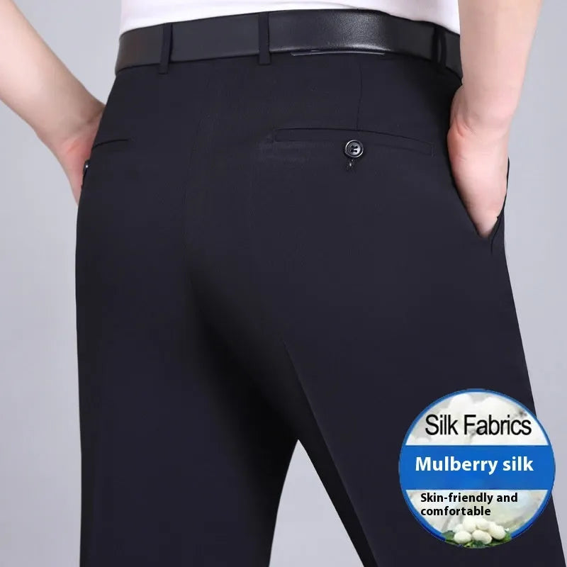 Men's straight cut mulberry silk blend business trousers in dark blue colour with high waist design