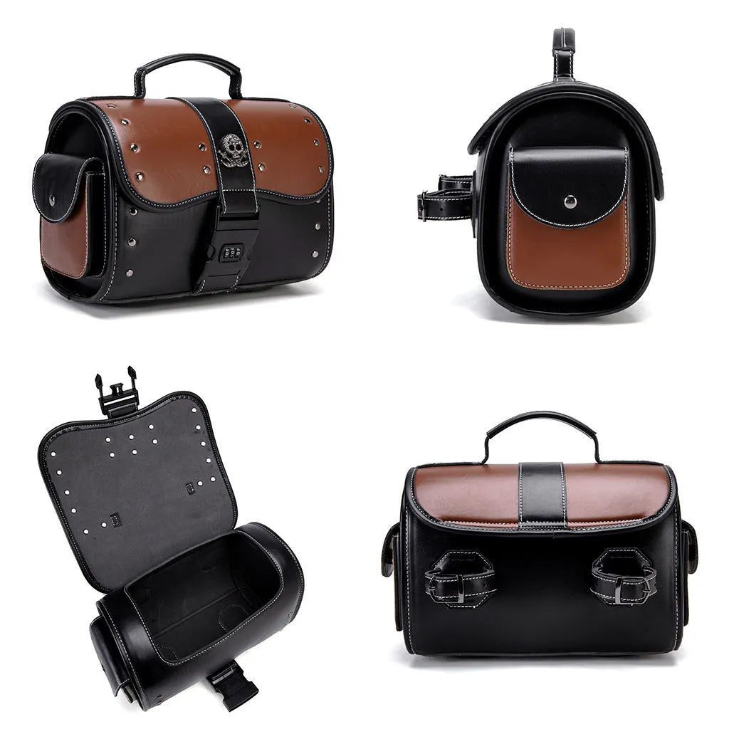 PU leather motorcycle front bag with colour contrast patchwork design, model FBG397BK.