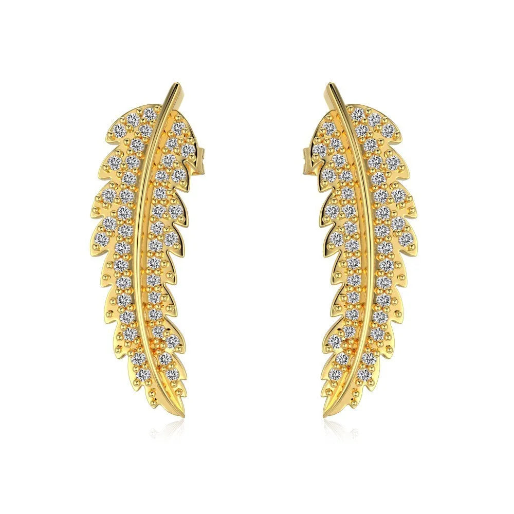 Leaf-shaped zircon inlaid S925 sterling silver stud earrings in gold colour on white background