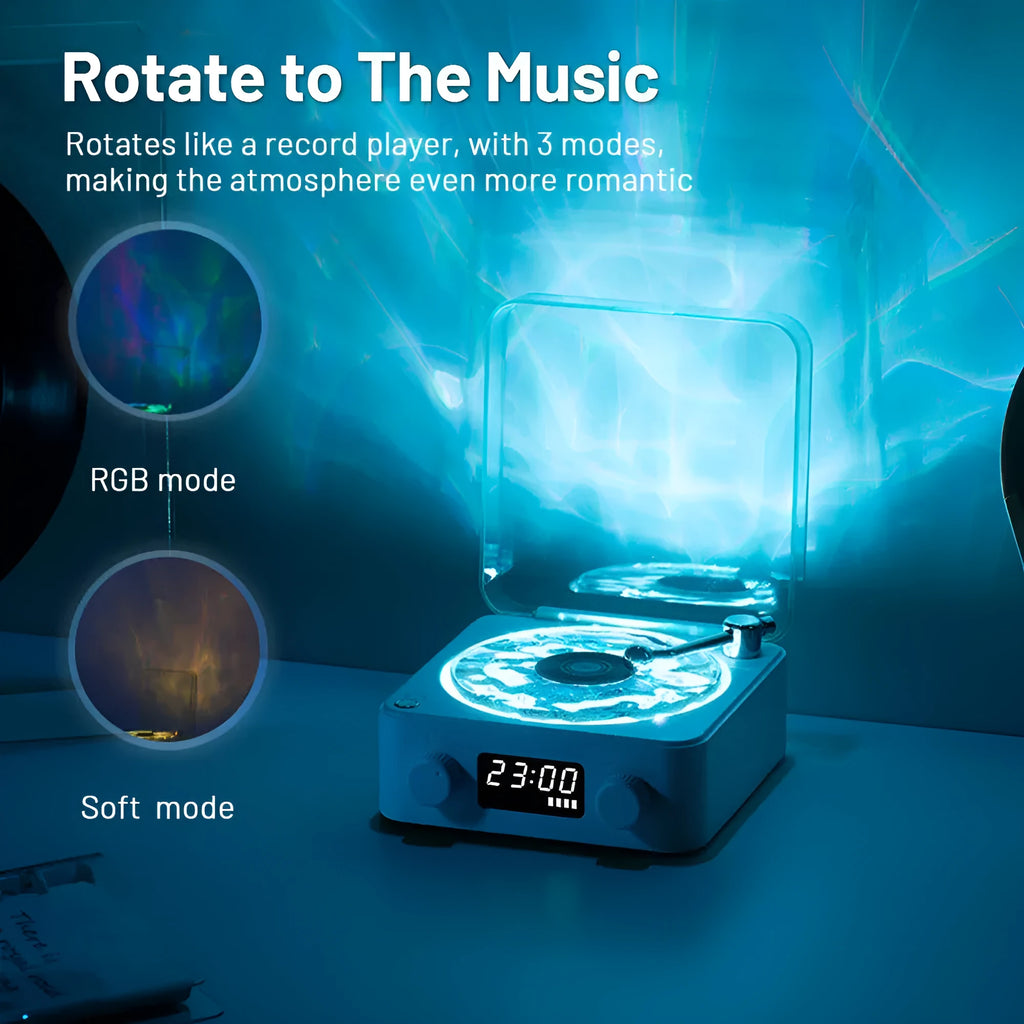 Retro Bluetooth speaker with rotating transparent turntable and RGB projection lighting effects