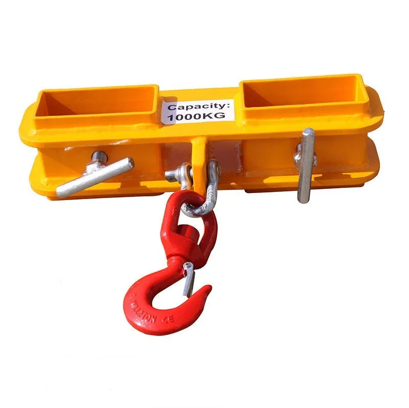 MK forklift rotatable crane hook with safety locking device on iron construction.