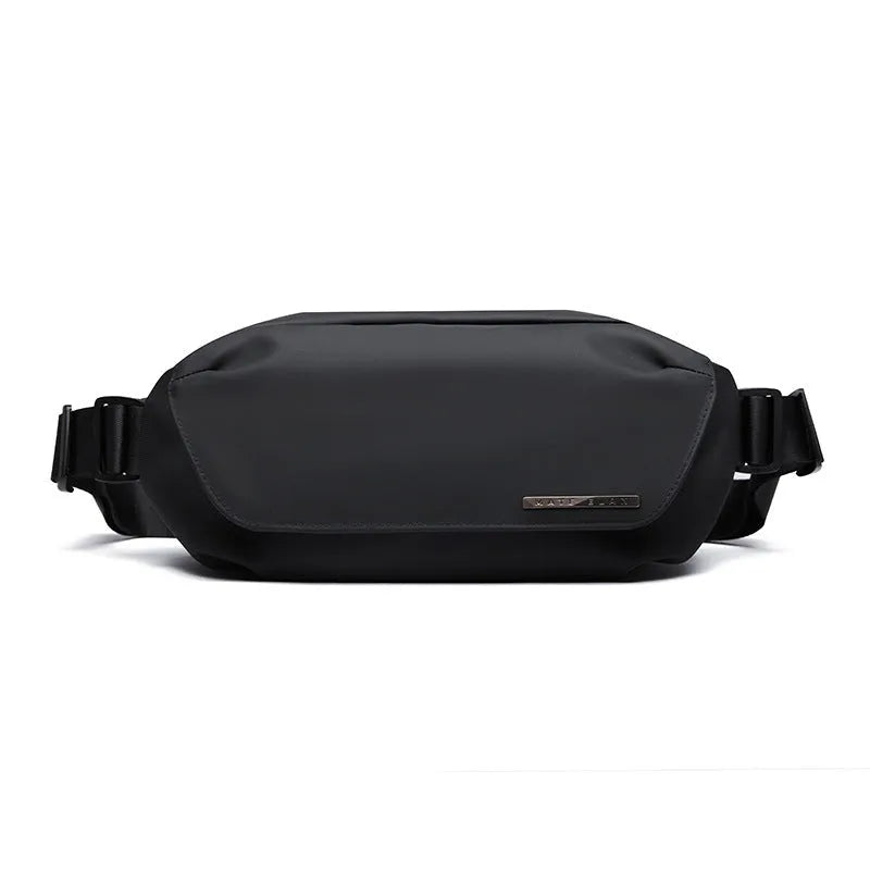 Black men's oxford cloth messenger bag with crossbody strap and sewing thread detailing.