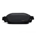 Black men's oxford cloth messenger bag with crossbody strap and sewing thread detailing.
