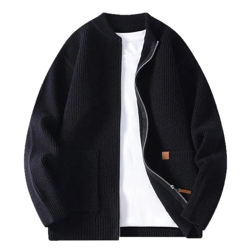 Men's striped sweater cardigan in chemical fibre blend fabric showing straight cut design