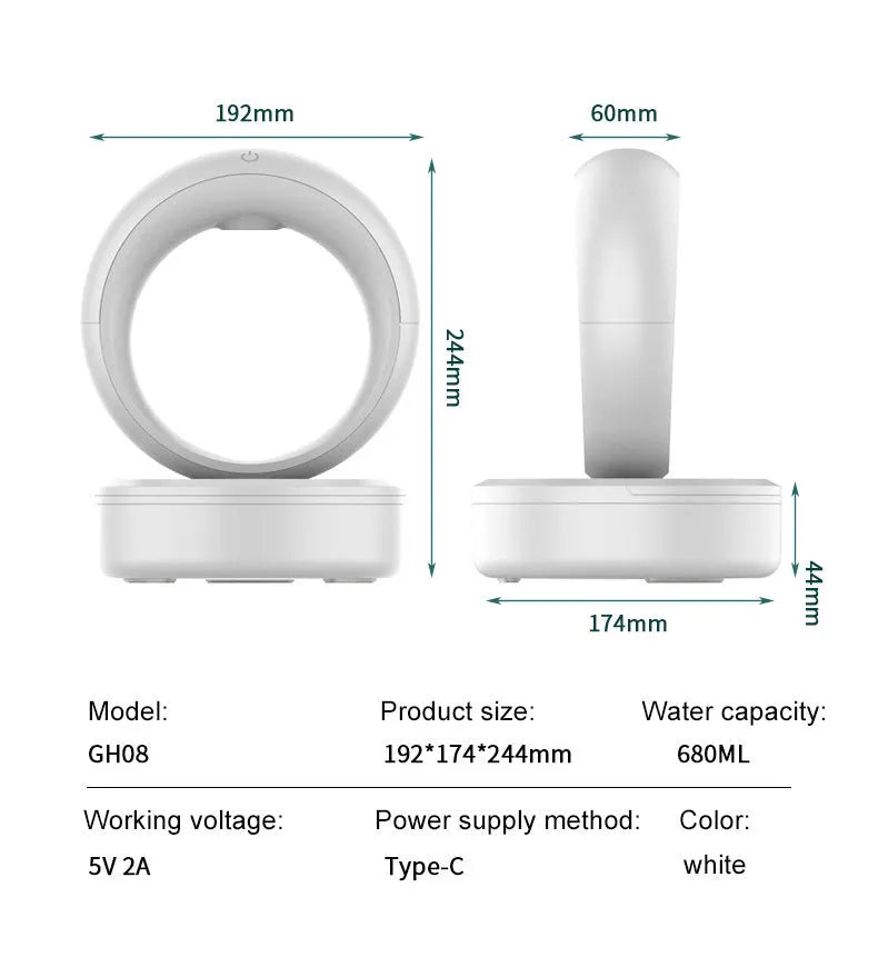 White round USB-powered humidifier showing anti-gravity levitating water droplets and mist output.