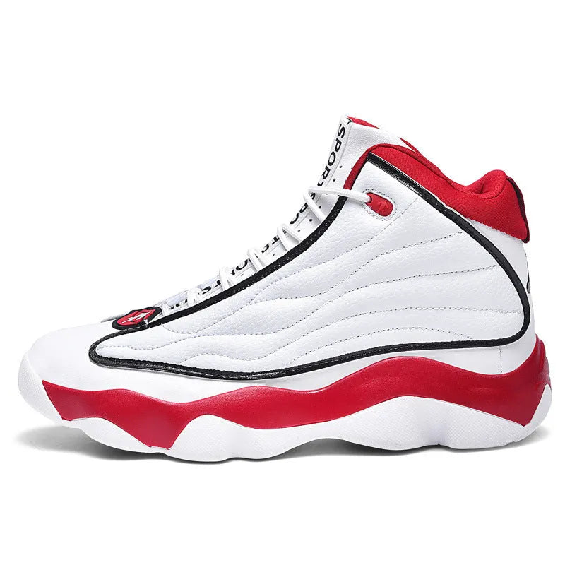 Men's high-top lace-up basketball shoes in AJ13 colourways with mesh upper and rubber sole.