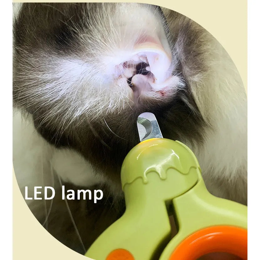 Blue pet nail clippers with LED light on, showing ergonomic non-slip handles and stainless steel cutting blades