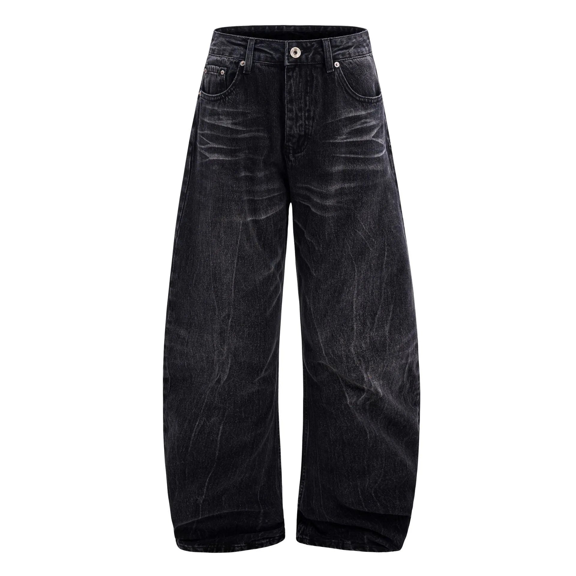 Men's black straight-leg jeans with a distressed lightning crack wash pattern on the legs.
