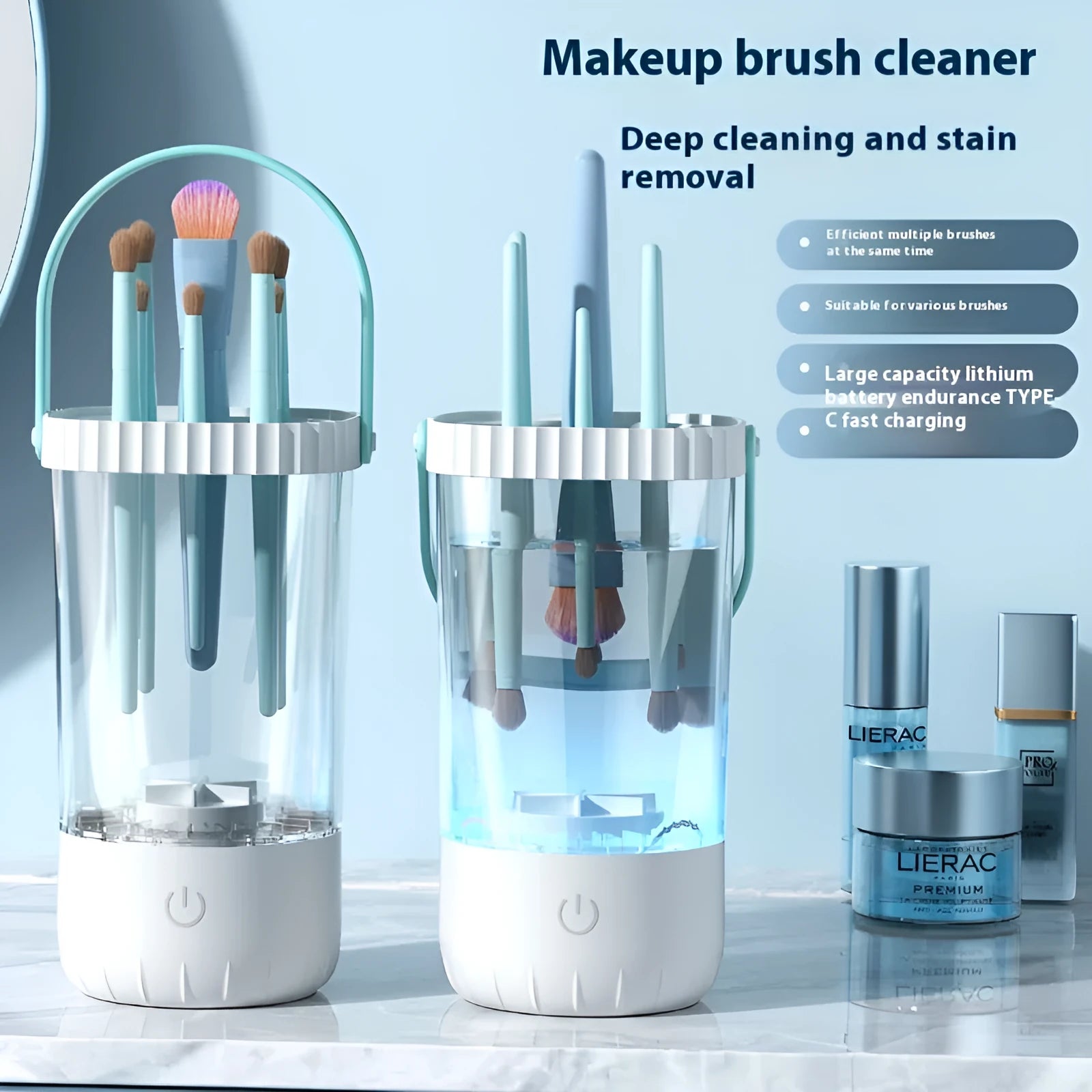 White rechargeable electric makeup brush cleaning device with USB cable.