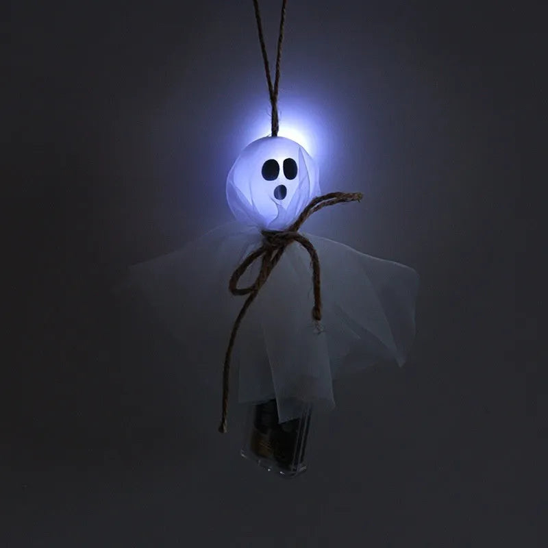 Halloween ghost LED lighting chain with PVC shell and battery box showing coloured ghost designs