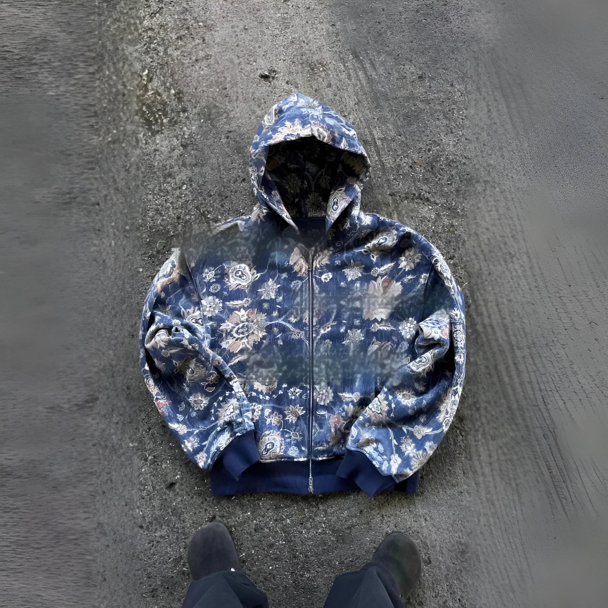 A red loose-fit men's hooded zip coat with long sleeves on a hanger.