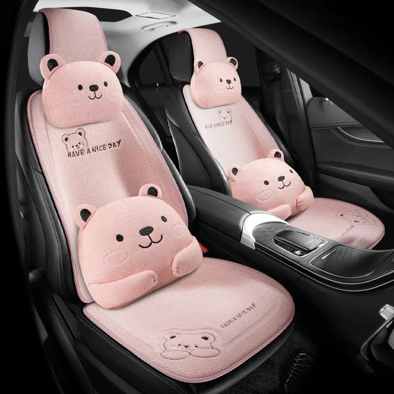Car seat cushion set with headrest and lumbar support in linen covers with Cure Bear cartoon designs
