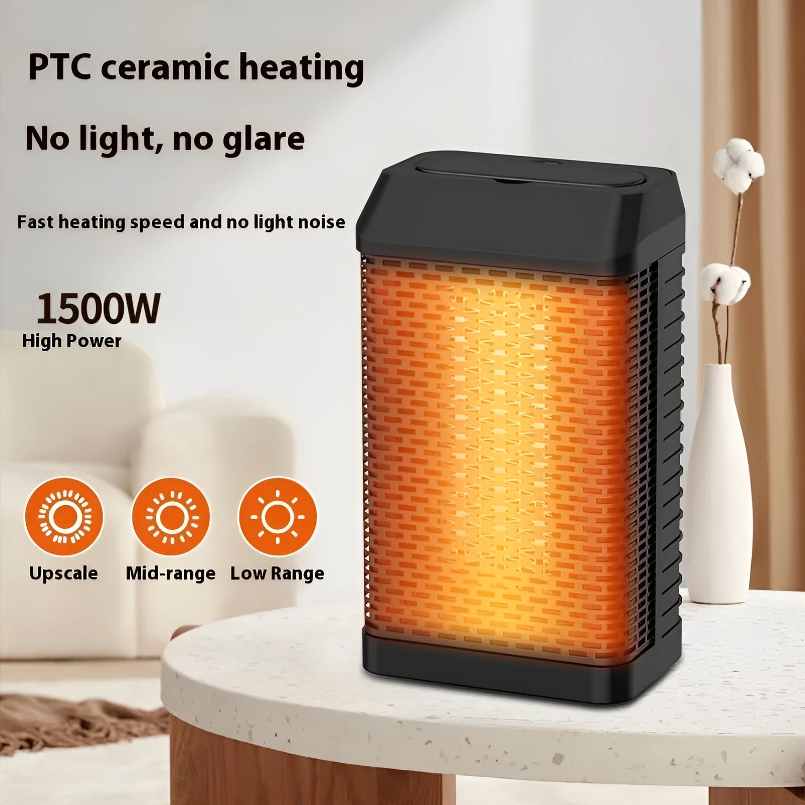 Black remote control desktop warm air heater with compact design and oscillating grille.
