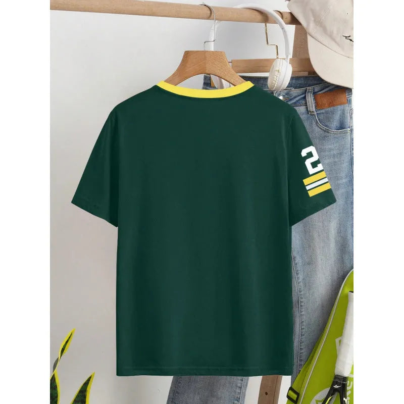 Red loose fit cotton T-shirt with white digitally printed letter pattern on the front.