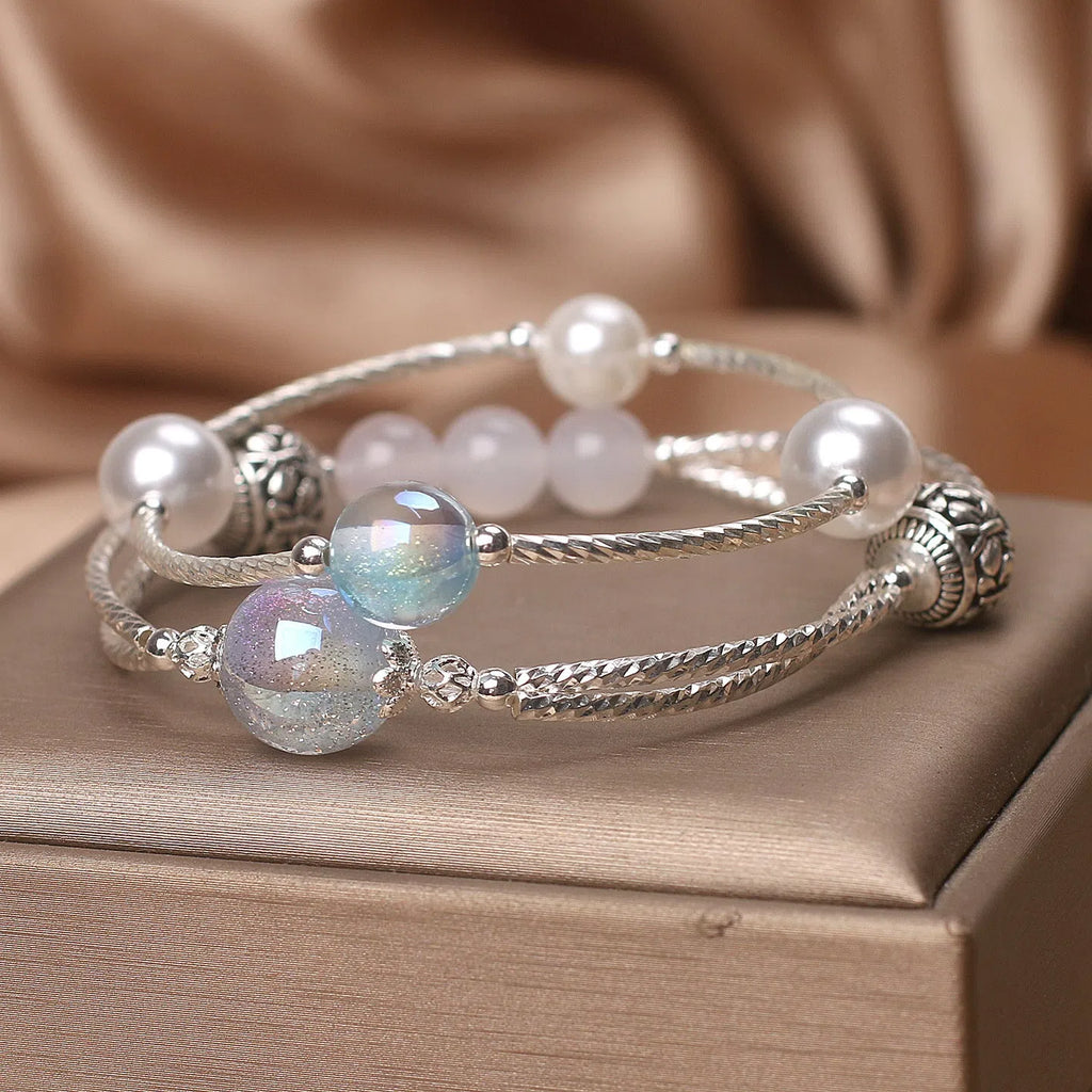 Light blue agate multi-circle twin crystal bracelet for women ethnic style travel gift