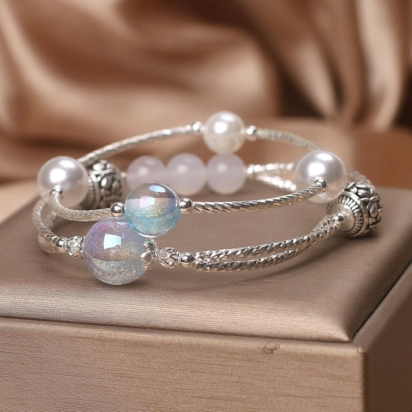 Light blue agate multi-circle twin crystal bracelet for women ethnic style travel gift