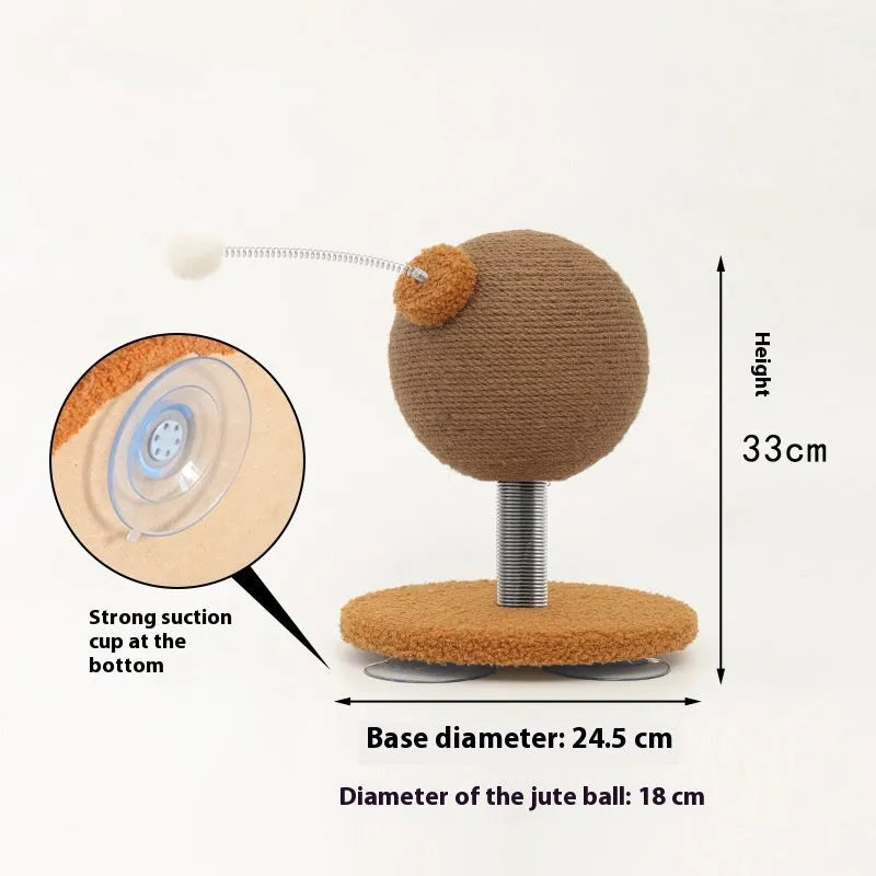 Natural hemp rope cat scratch board with attached toy ball on a wooden floor.