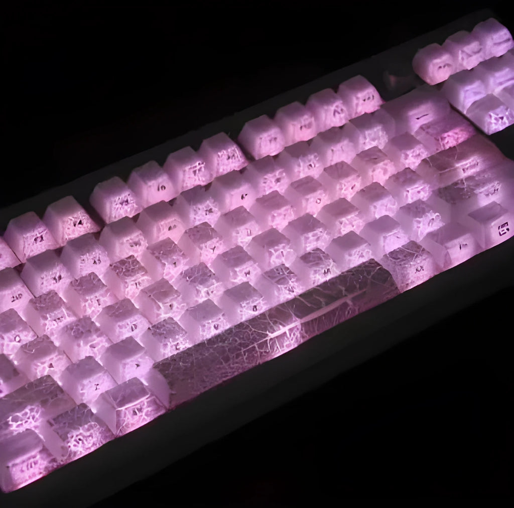 White transparent mechanical keyboard keycap set with side-carved legends on a Qingying layout.