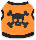 Blue Halloween dog vest with skull bones pattern on a small dog