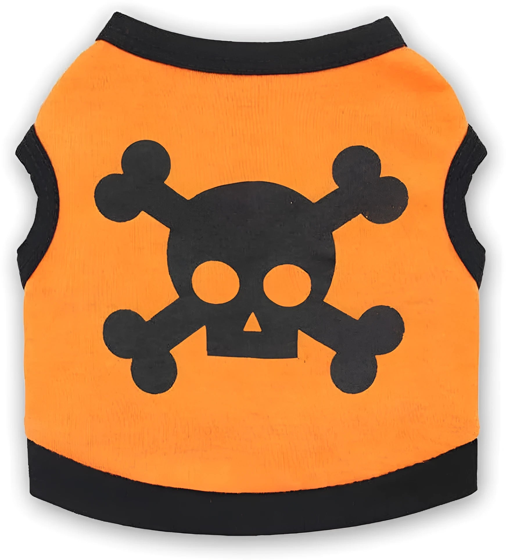 Blue Halloween dog vest with skull bones pattern on a small dog