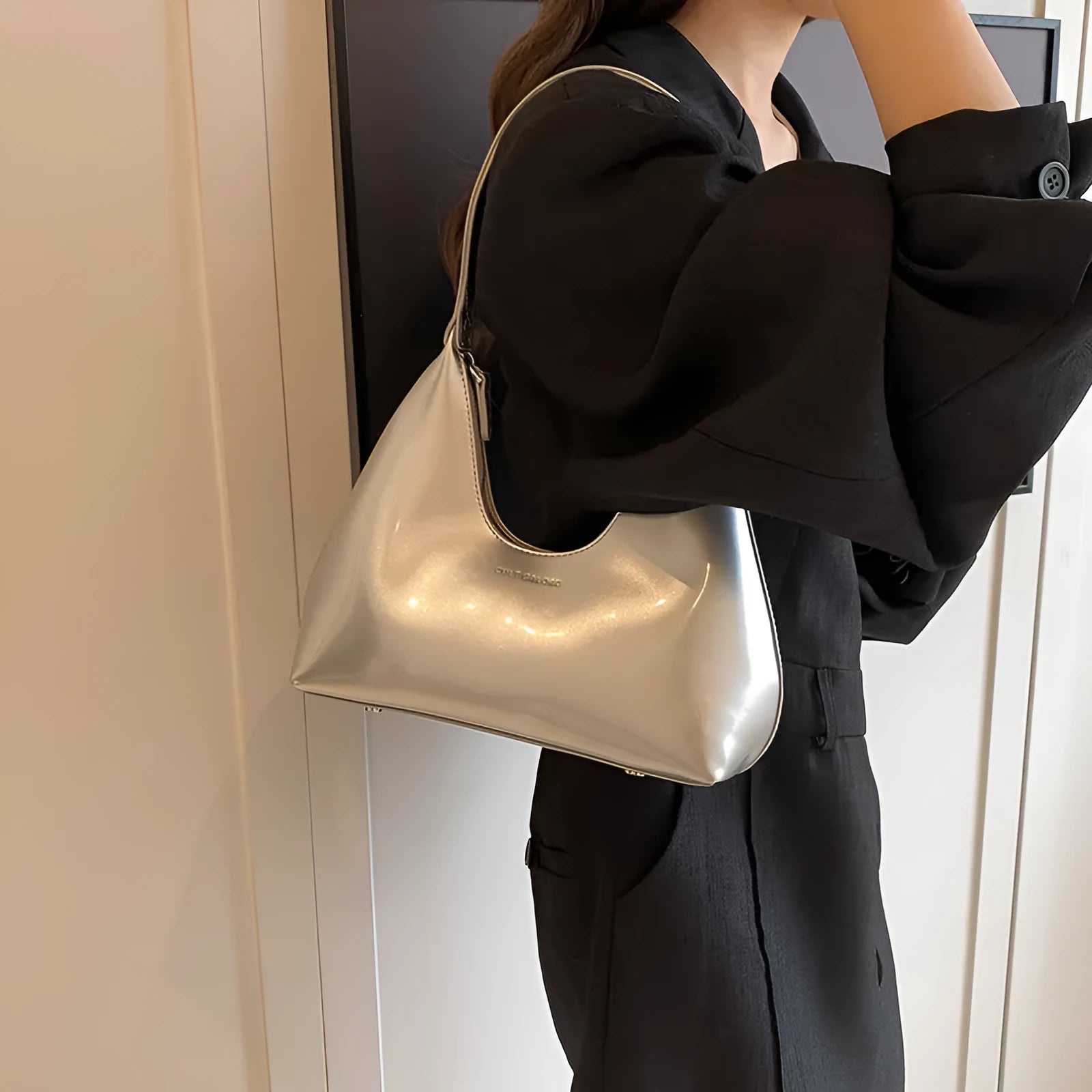 High Sense French PU shoulder bag in dumpling shape with sewing line detail and sandwich pockets