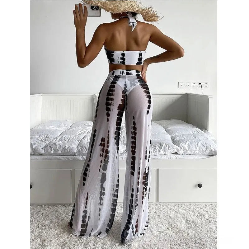 Women's three-piece swimsuit bikini set with mesh trousers in black or blue printing