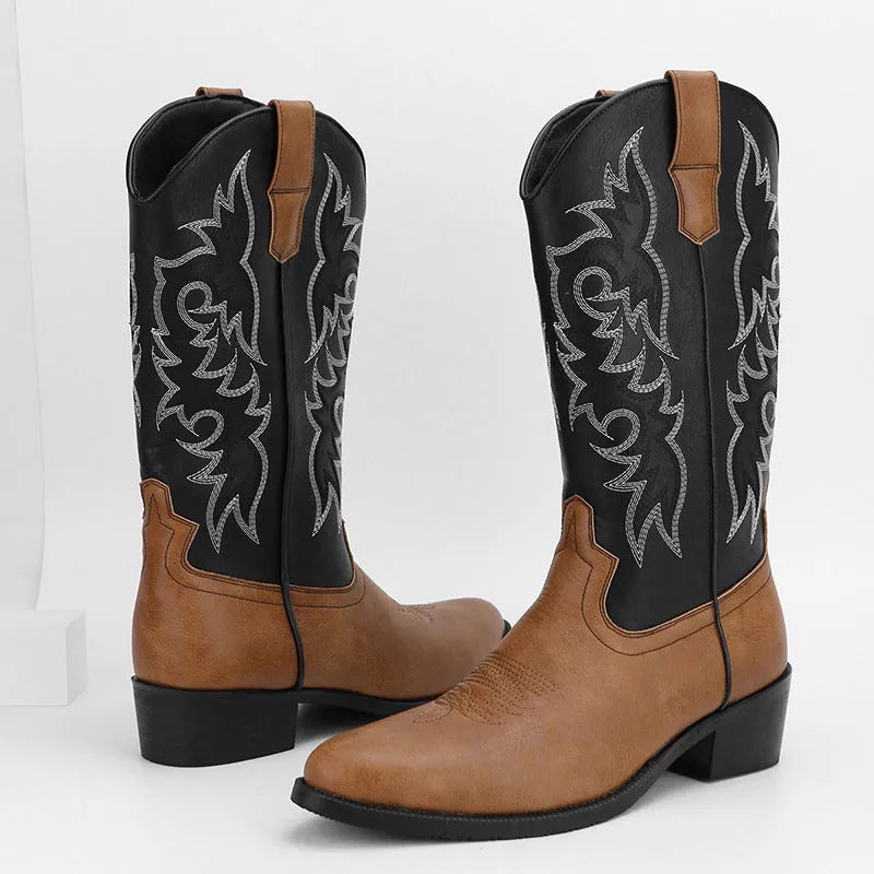 Men's embroidered retro high leg boot in artificial PU, pointed toe, brown colour, side view