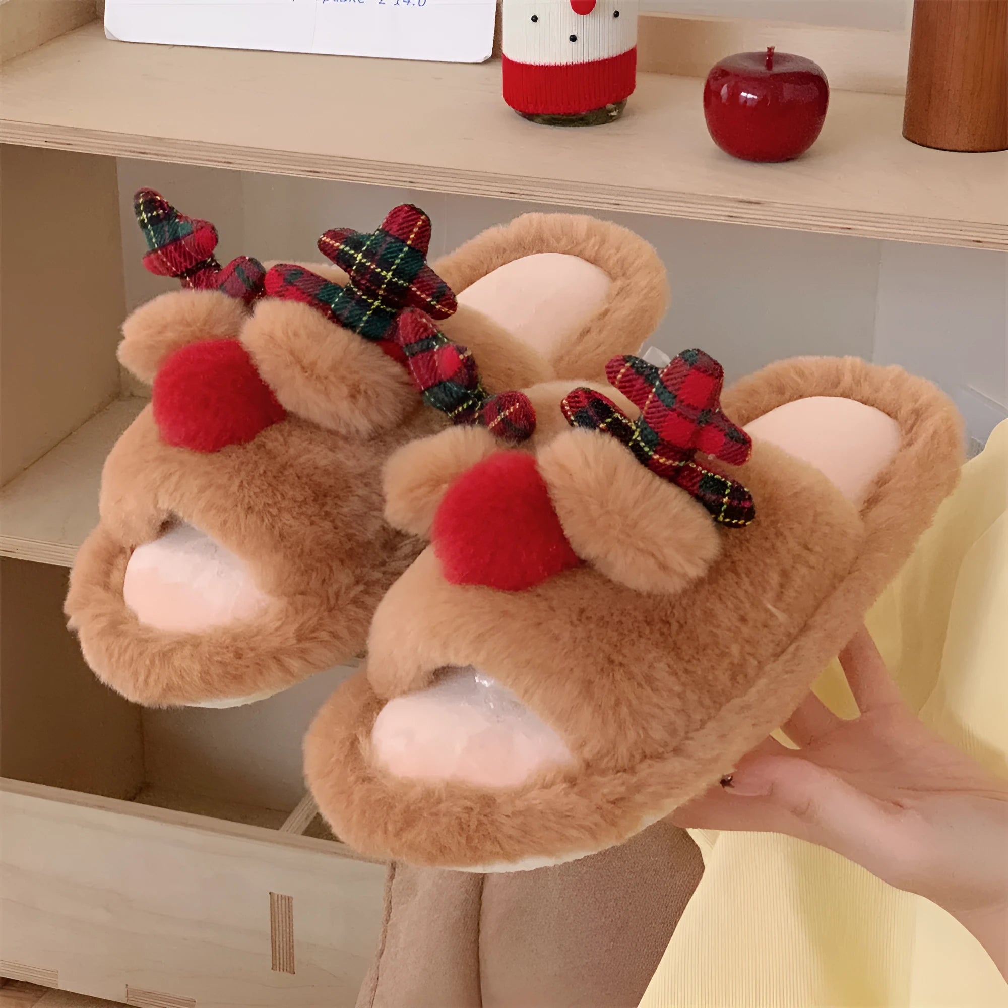 Women's brown suede slippers with cartoon fawn pattern, flip-flop style with PVC sole
