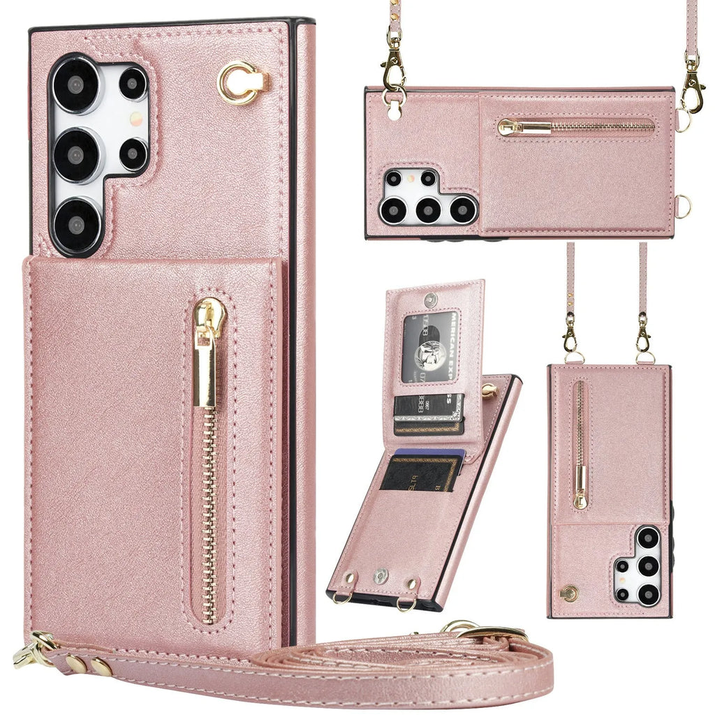 Black Samsung phone case with card slot, flip-out stand, and attached crossbody strap