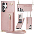Black Samsung phone case with card slot, flip-out stand, and attached crossbody strap