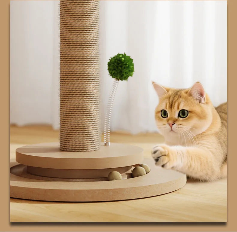 Vertical cat scratching post with natural hemp rope columns on a canna-coloured density plate base