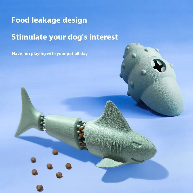 Blue rubber shark-shaped dog toy for chew play and mess-free feeding