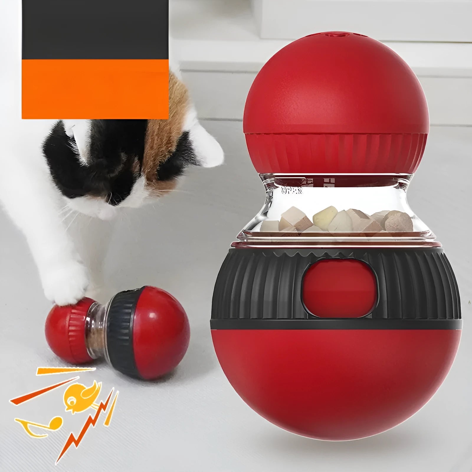 Rotating plastic cat toy with Super Ball colour scheme showing treat-dispensing openings and sound module