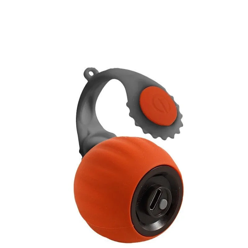 Automatic rolling cat toy ball in silicone with blue or orange colour options and gun grip handle