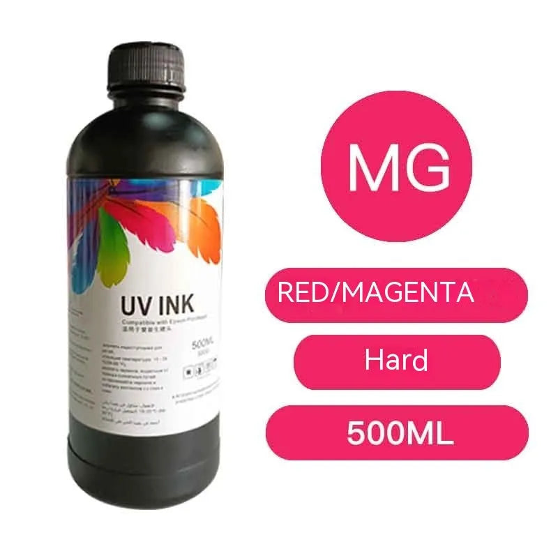 500ml bottle of Epson-compatible UV printer ink in black, cyan, magenta, yellow, light cyan, light magenta, white, and glossy colours.