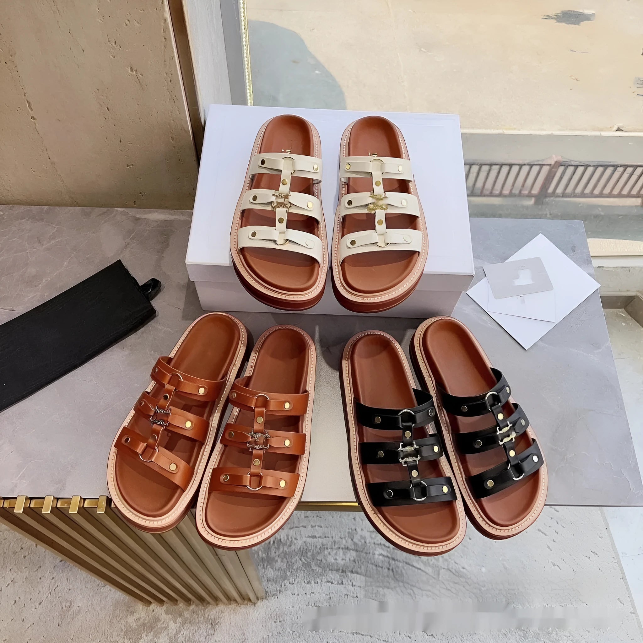 Women's Roman style patent leather sandal slippers with sheepskin upper in white, black or brown