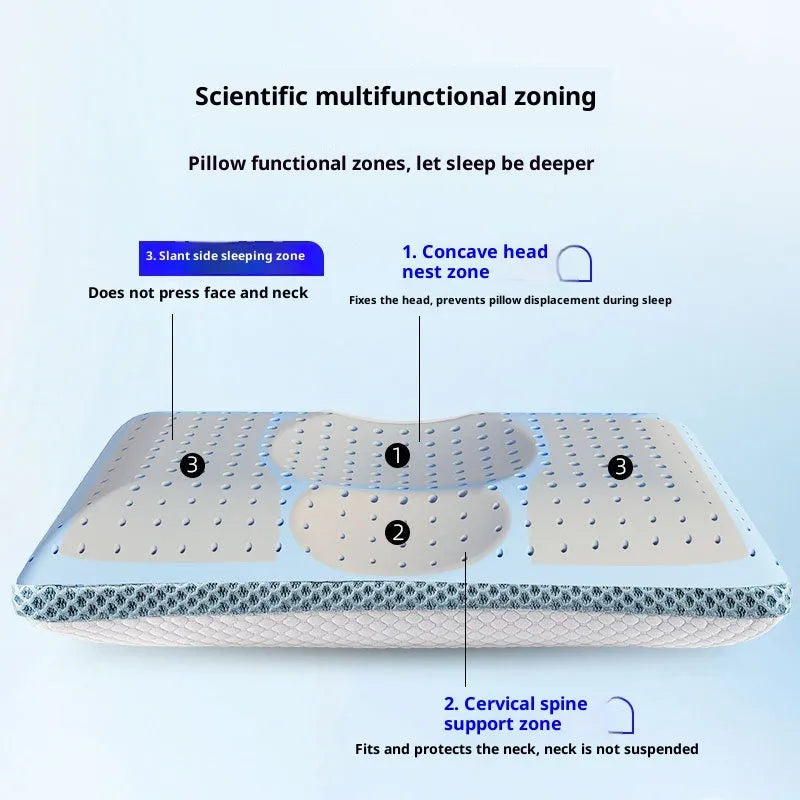Household cervical memory foam pillow in size 63x36x13.5cm with ergonomic shape and air layer cover on bed