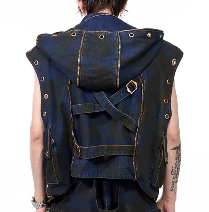 Blue hooded denim vest coat with matching trousers in Korean heavy industry deconstructs style