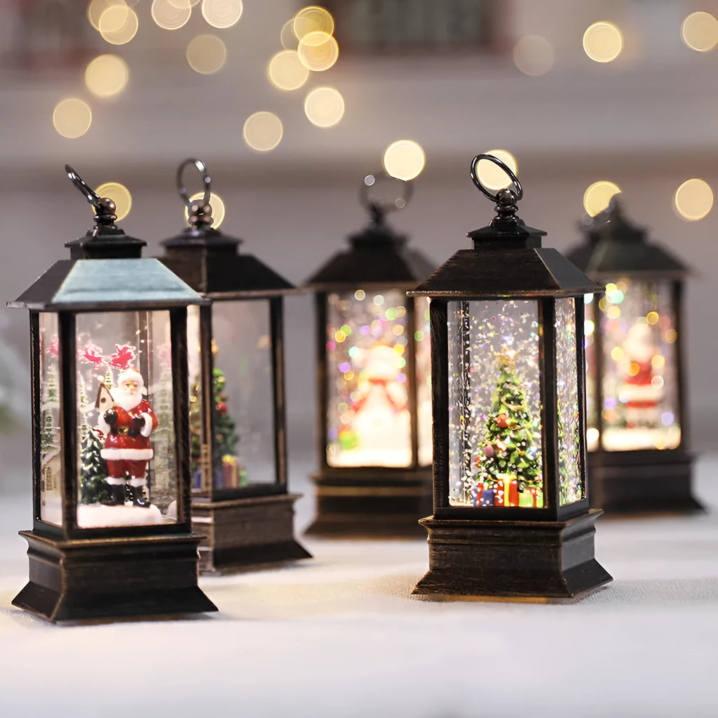 Christmas simulation LED flame small oil lamp with decorative old man figure and tree on a shelf